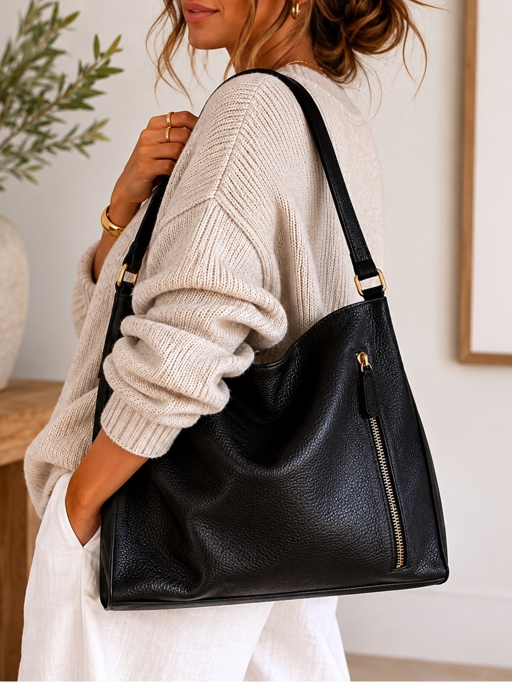 NWOT Tote Le Monde Florence Slouch Bag Black Pebbled Leather Quiet Luxury Hobo